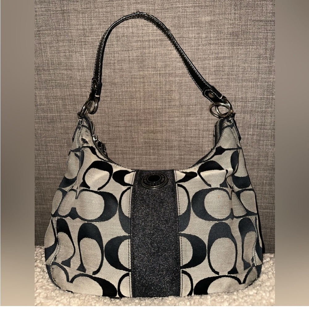 Coach Black and Gray Shoulder Bag with Hobo Shape and Stylish Pattern
